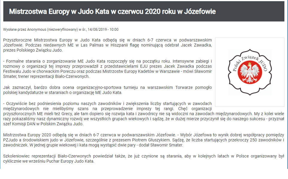 pzjudo.pl — Mistrzostwa Europy w Judo Kata w czerwcu 2020 roku w Józefowie (2019)