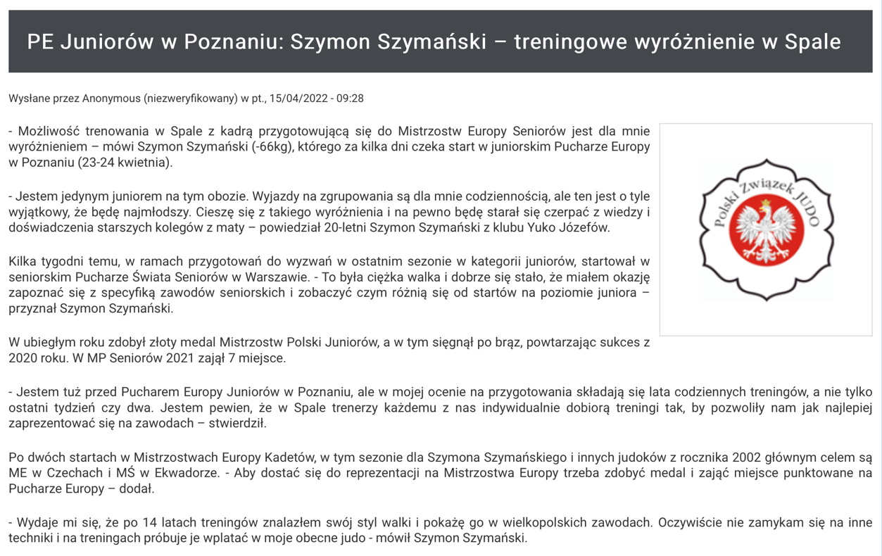 PZJudo — PE Juniorów w Poznaniu: Szymon Szymański – treningowe wyróżnienie w Spale (2022)